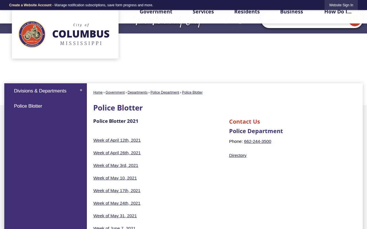 Lowndes County Columbus Police historical blotter record source