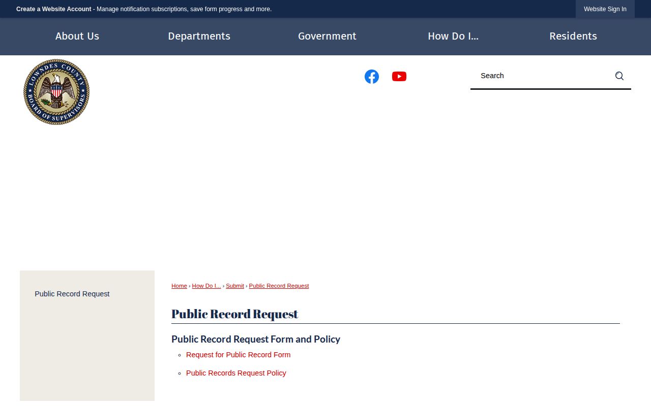 Lowndes County public-record request page for booking records